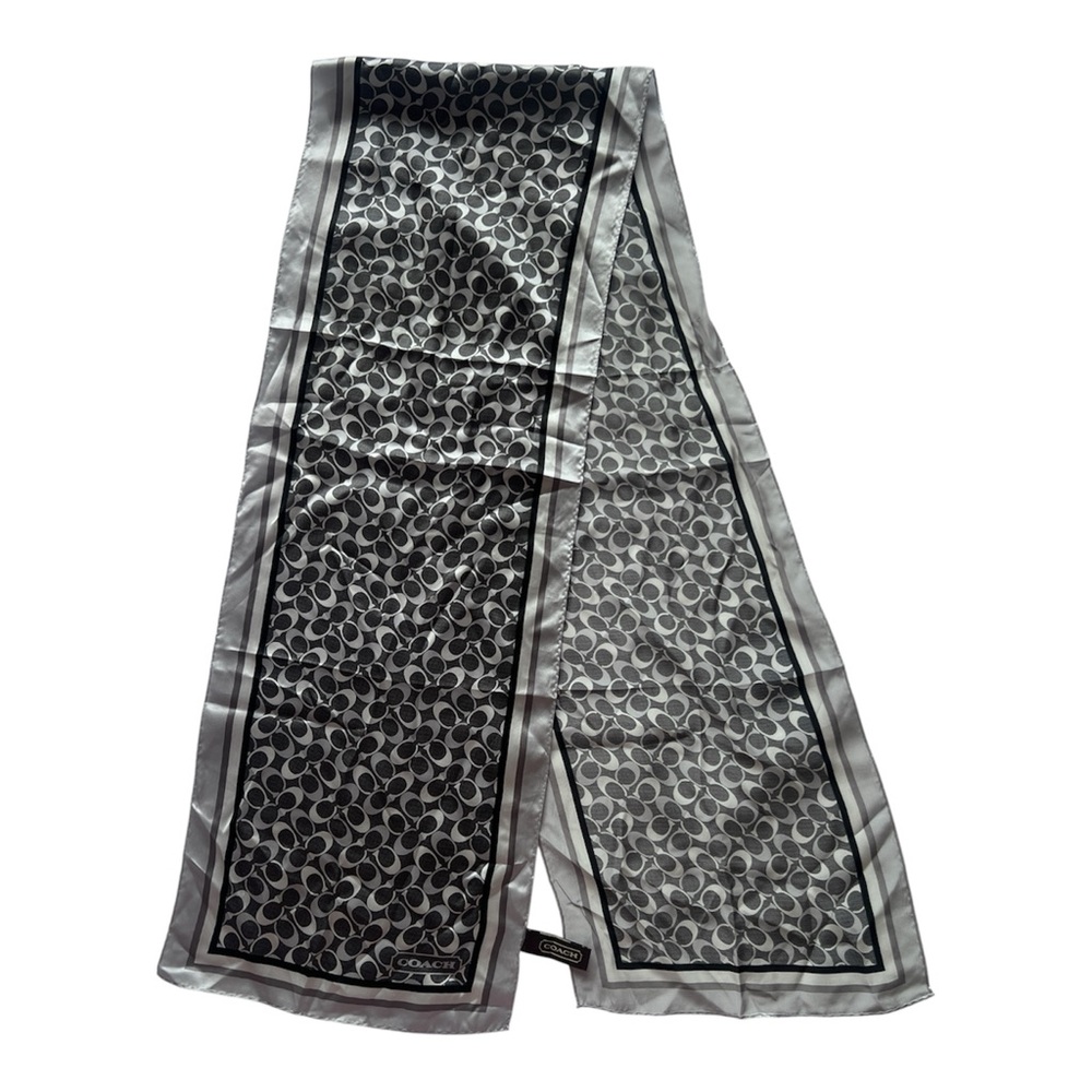 NWT Coach Signature Logo Silk Scarf – Gray & Black – 10.5”x58”